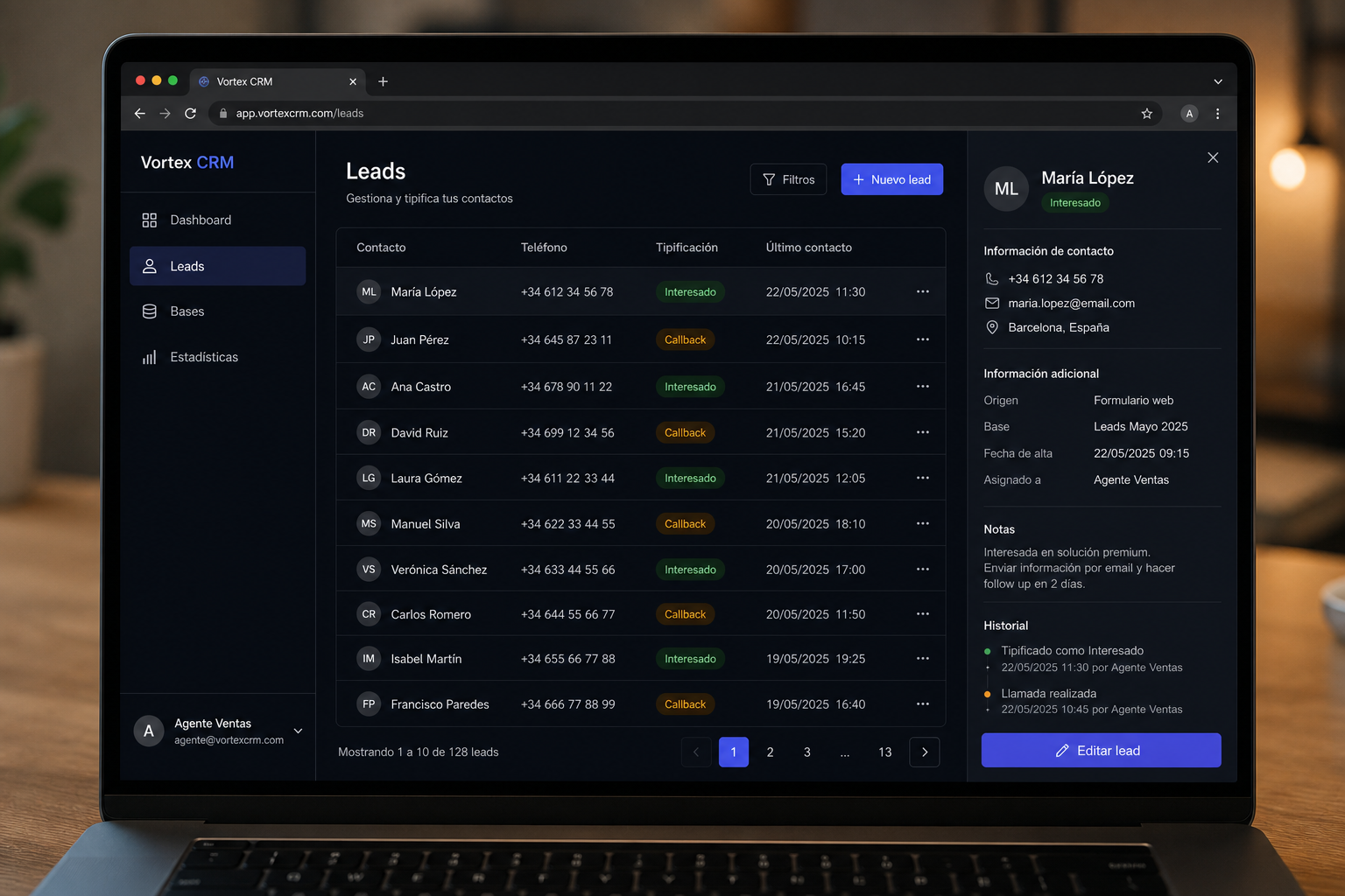 Vortex CRM en PC — mesa de leads