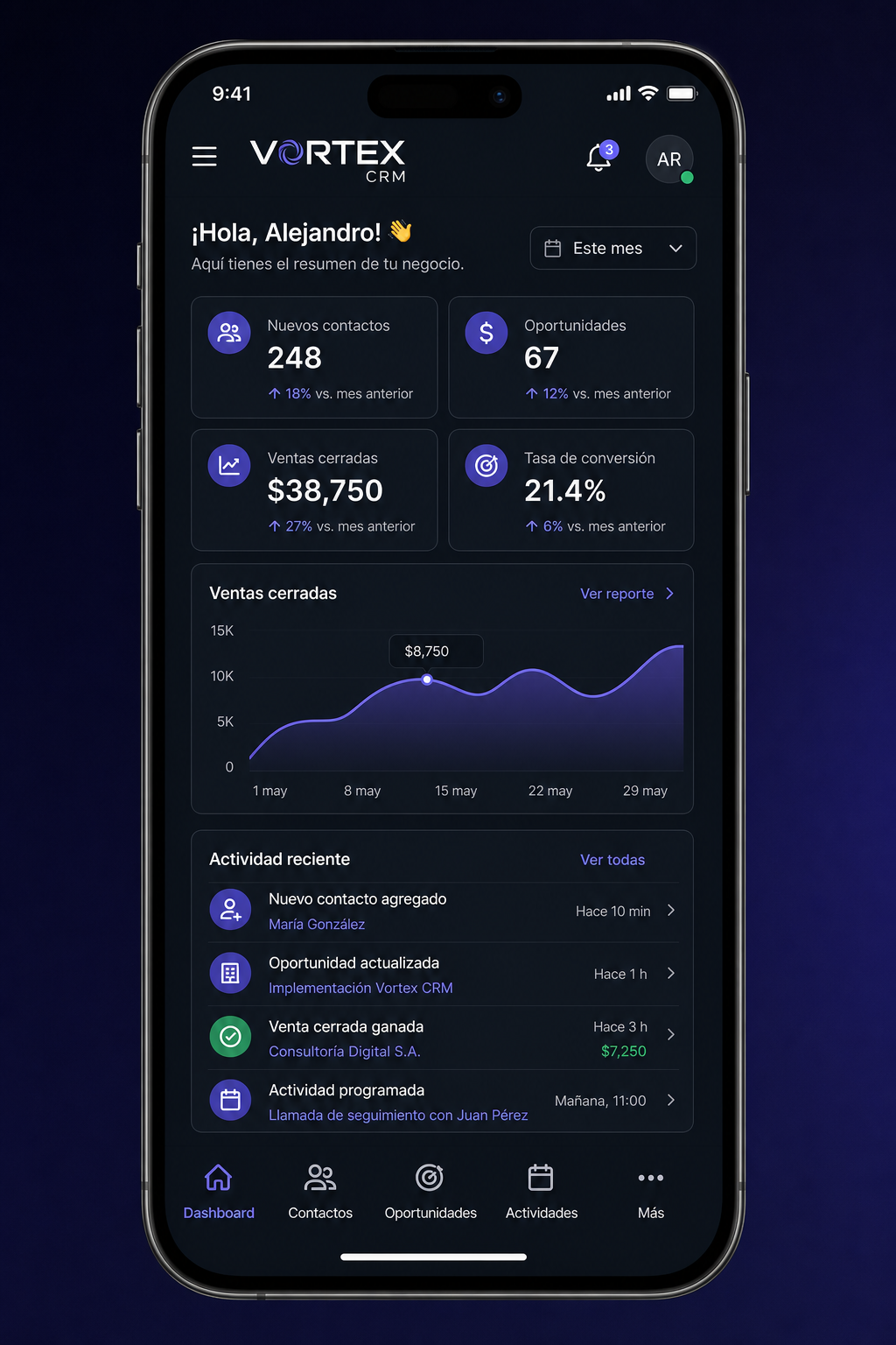 Vortex CRM en móvil — dashboard