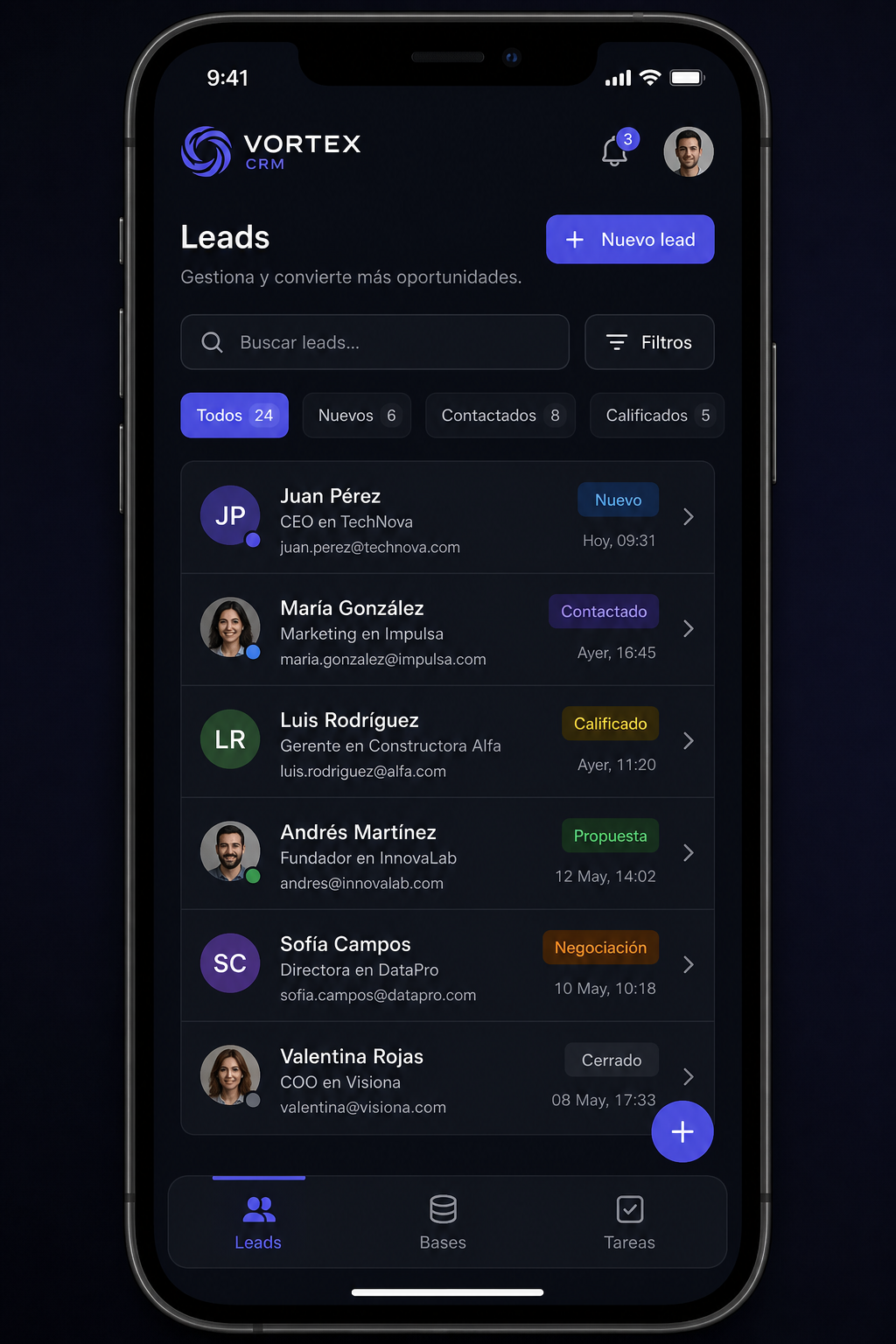 Vortex CRM en móvil — leads